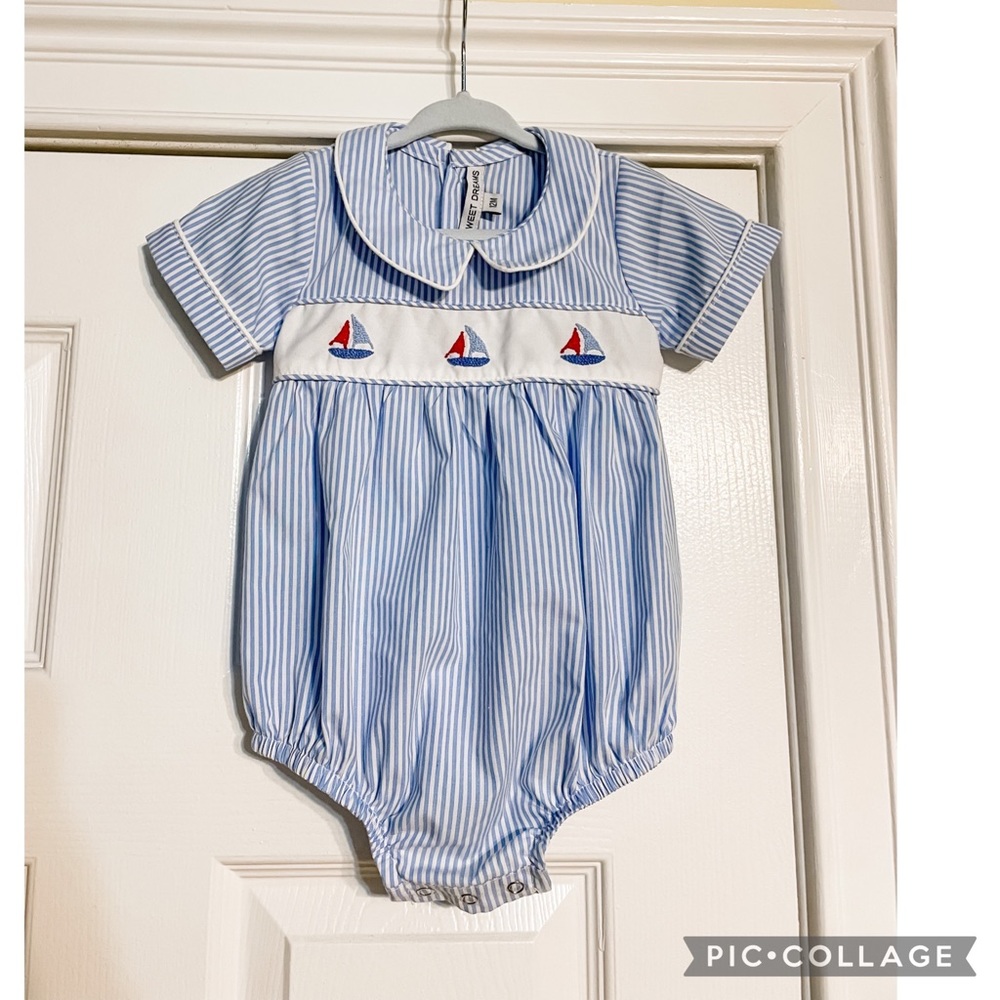 Boys blue and white striped bubbled - 12 months